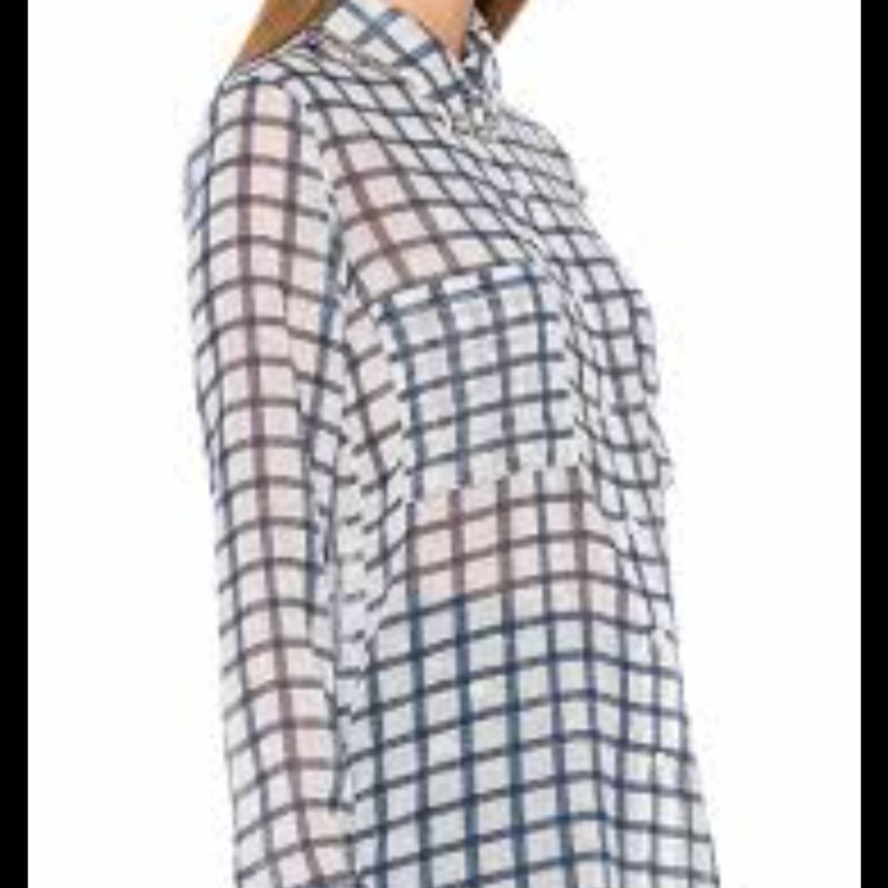EUC BB Dakota Sheer Blue & White Plaid Button Down Top - Size: M
